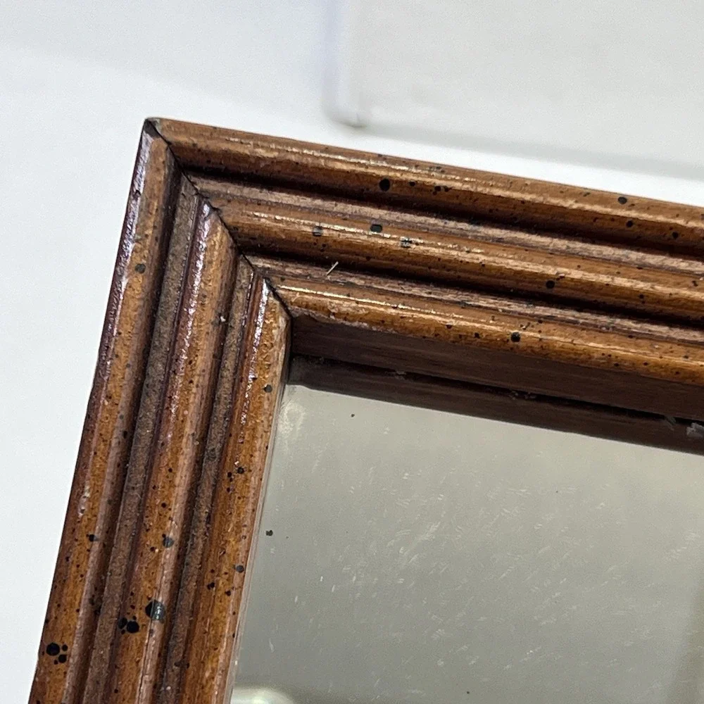 Carved Wood Square Wall Mirror 8x8 Brown Frame Diamond Hang Option